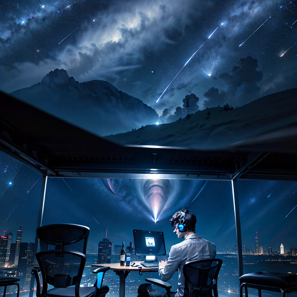 A small astronomer in the middle of blue background sitting alone who is wearing headphones seen from his back sitting in a table his face cannot be seen there is only  chair no computers and he is looking at a shooting star

