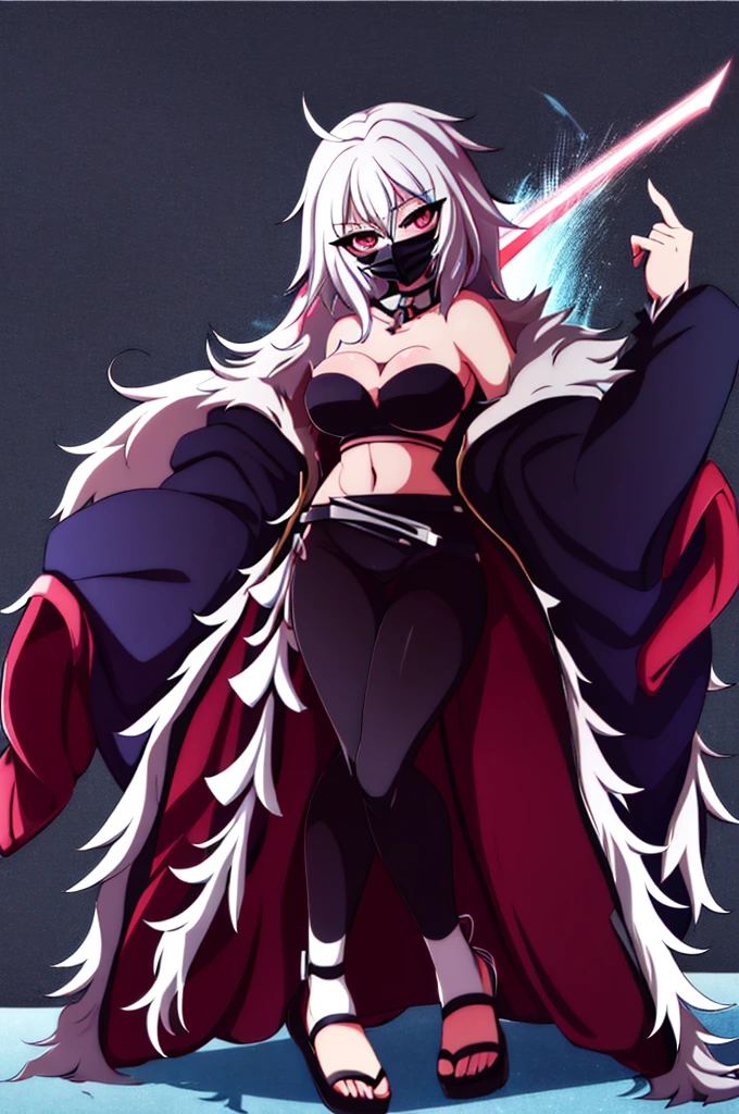 anime girl, bleach anime, soul reaper, sword, zanpakuto, vastolorde mask, fractured mask, hot, sexy, cute, black eyes, tall, full body, masterpiece, looking at the viewer, black fur on shoulders, coat, hollow shinigami, 