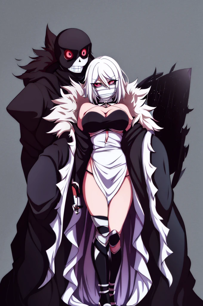 anime girl, bleach anime, soul reaper, sword, zanpakuto, vastolorde mask, fractured mask, hot, sexy, cute, black eyes, tall, full body, masterpiece, looking at the viewer, black fur on shoulders, coat, hollow shinigami,