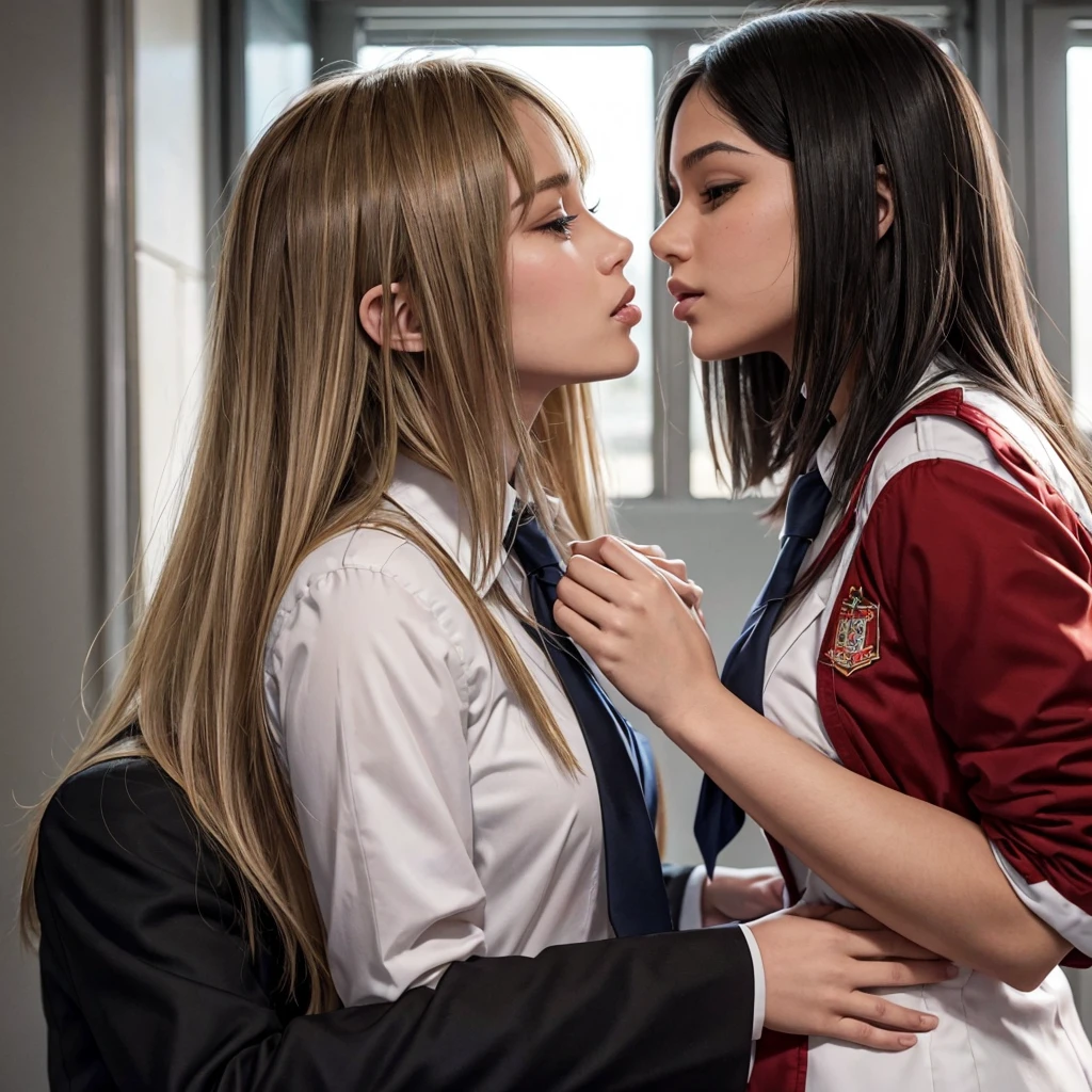 nsfw,（A blonde short-haired female student and a long black-haired female student:1.2）,（Blonde wolf cut:1.2）、（Smooth long black hair:1.2）（The serious schoolgirl has long, straight black hair.:1.2）,（Gal has short blonde hair,Gold and red mesh）,（Gazing at each other passionately）,（Overlapping lips）,（Tongue entangled）,（Fuller lips）,（Deep Kiss:1.2),（Female students in blazers and sailor suits),（A blonde schoolgirl hugs a black-haired schoolgirl）,(whole body,Two people embracing each other),（Touching each other&#39;s bodies）、A blonde  hugs a black-haired schoolgirl（Girl sitting on chair）、(RAW Photos, Highest quality), (Realistic, Realistic:2.4), Very delicate and beautiful,Japanese women,Pretty girl,Hugging hard,Two people hugging each other,Highly detailed CG Unity, High resolution, Soft Light, Beautiful details, Highly detailed eyes and face, Beautiful and sophisticated nose,classroom,School,