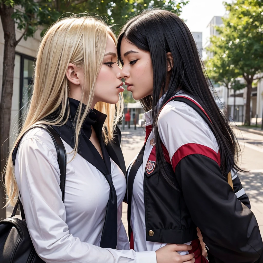 nsfw,(A blonde short-haired female student and a long black-haired female student:1.2),(Blonde wolf cut:1.2)、(Smooth long black hair:1.2)(The serious schoolgirl has long, straight black hair.:1.2),(Gal has short blonde hair,Gold and red mesh),(Gazing at each other passionately),(Overlapping lips),(Tongue entangled),(Fuller lips),(Deep Kiss:1.2),(Female students in blazers and sailor suits),(A blonde schoolgirl hugs a black-haired schoolgirl),(whole body,Two people embracing each other),(Touching each other's bodies)、A blonde hugs a black-haired schoolgirl(Girl sitting on chair)、(RAW Photos, Highest quality), (Realistic, Realistic:2.4), Very delicate and beautiful,Japanese women,Pretty girl,Hugging hard,Two people hugging each other,Highly detailed CG Unity, High resolution, Soft Light, Beautiful details, Highly detailed eyes and face, Beautiful and sophisticated nose,classroom,School,
