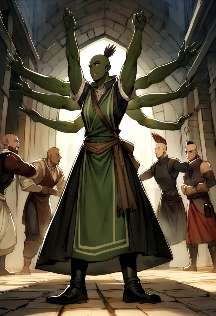 ten mens, brown colored skin, female, Fantastic appearance, rpg character, Fantasy Middle Ages, whaite hair, black of eyes, 1.90 height, nutmeg, Semi-body shot, a scar, ((mohawk haircut)), Black boots, lesbian full body ((lesbian full body)), musk, blacksmith apron, ((Clothes in black)), ((dark green skin)), Dam, ((four arms)), ((high qualiy)),((middle-age))