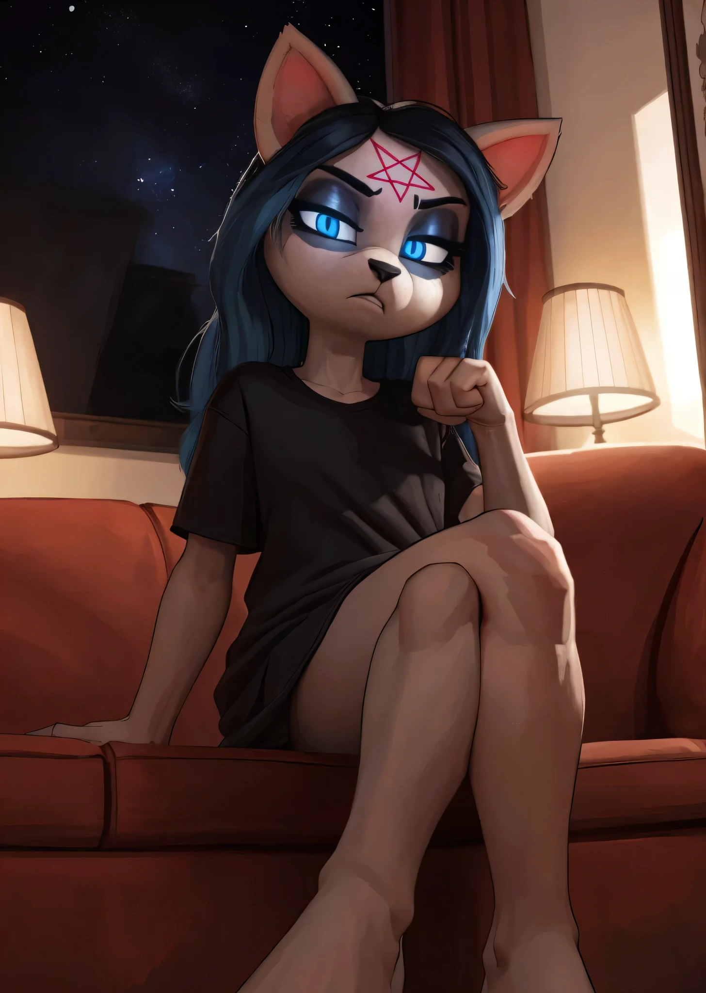 [Claire], [the summoning], [Uploaded to e621.net; (Pixelsketcher), (wamudraws)], ((masterpiece)), ((HD)), ((high res)), ((solo portrait)), ((full body)), ((low angle view)), ((foot focus)), ((furry; anthro)), ((detailed fur)), ((detailed soft shading)), ((beautiful render art)), {anthro; (slim figure), white fur, black nose, (cat snout), (cat ears), (cut on left ear), long blue hair, (bang over left eye), (pink pentagram on forehead), (cute blue eyes), (glowing eyes), (half-closed eyes), (short eyelashes), (indigo eyeshadow), (curvy hips), (beautiful legs), cute feet, humanoid feet, (intimidating glare), (bored expression)}, {(long black baggy tee shirt)}, {(sitting on couch), (hands in lap), (crossed legs), (looking at viewer)}, [background; (living room), (window), (woods), (nighttime), (starry sky), (ambient lighting)]