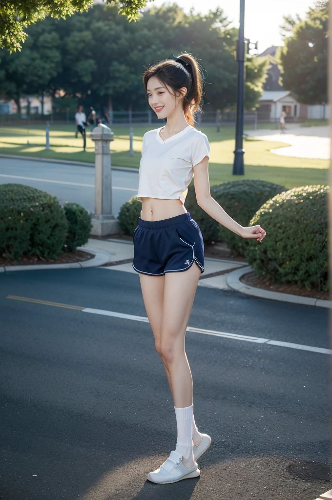 (((best quality))),(((ultra detailed))),(((masterpiece))),illustration,((1 beautiful girl,solo)),((slim,thin)),((small breasts,flat chest)), outside school gate, summer twilight, sunlight,(short ponytail:1.3),((white short-sleeved shirt)),((clavicalis,navel)),((navy blue sports shorts,slender legs,white socks,slippers)),animated face, excited eyes, sounds of laughter, chatter, excitement of summer vacation, air filled with energy, school gate golden glow, symbol of end of academic year, schoolyard transformed, reunion, farewells, embracing setting sun, face illuminated, moment captured, fleeting instant, essence of summer, carefree spirit, youthful exuberance, embodiment of season, sun dips, rosy glow, joy of living,promise of adventures,((standing,from front,full body)),(surrounded by crowded crowds:1.3)