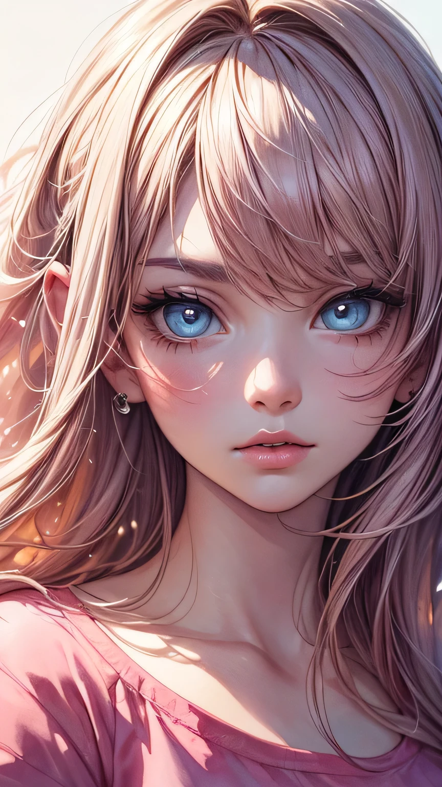 (masterpiece),(Highest quality:1.1),(Super detailed),Best illustrations,In detail,(Portraiture:1.1),(Intense close-up),(Watercolor),floating,One girl,solo,slim,(Very delicate and beautiful face),(Beautiful eyes in every detail),Pink thick lips,(Disheveled Hair),(Wearing a loose pink T-shirt),Soft and lazy,4K
