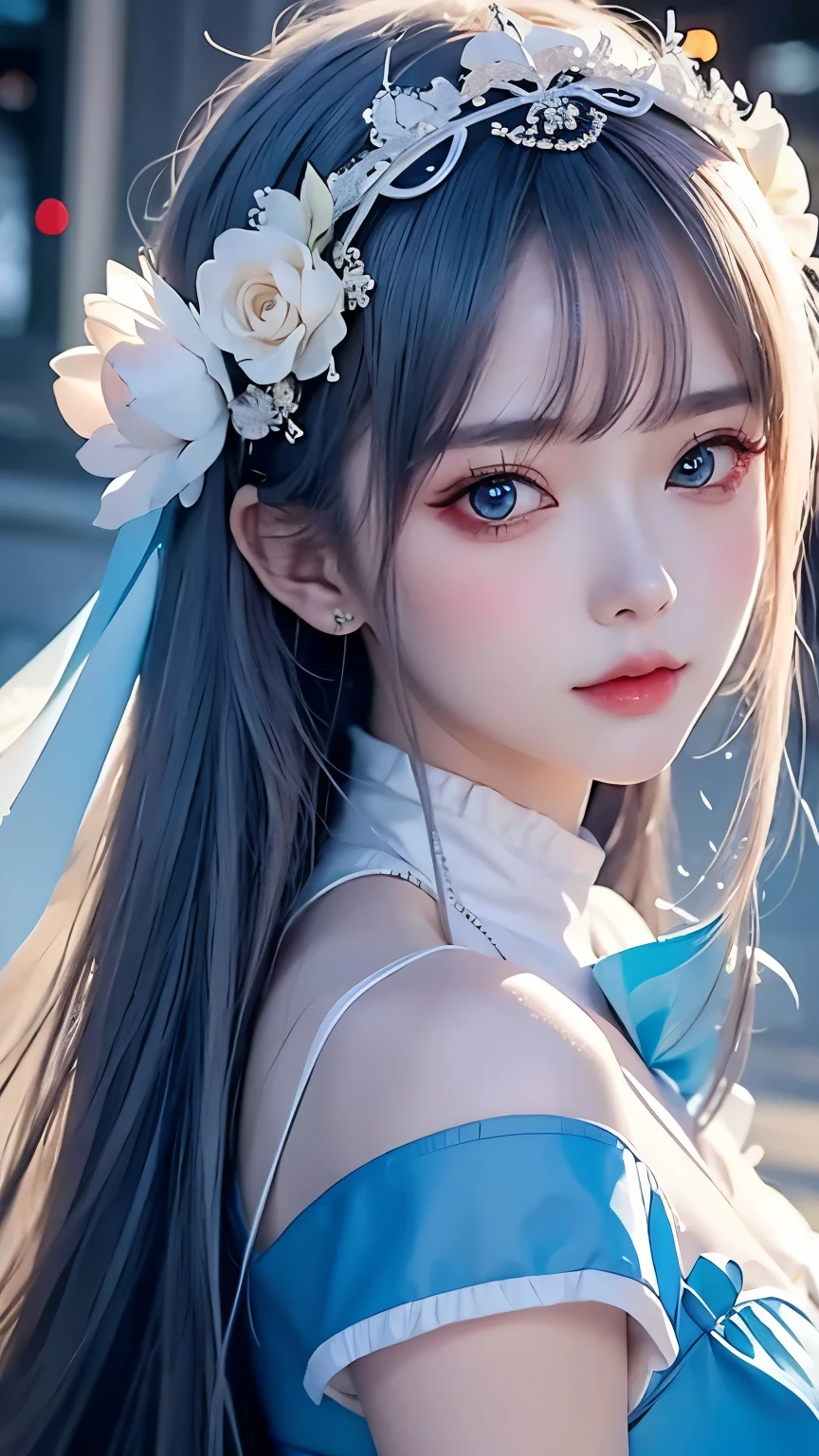 One wearing a blue dress、Close-up of woman wearing white headband, guweiz style artwork, IG model | artistic germ, extremely detailed artistic germ, surreal anime, Soft portrait shots 8K, artistic germ. anime illustration, Bowater's art style, blonde princess, 8k artistic germ bokeh,blue hair,semi long hair,blue eyes,Beautiful glasses,wear glasses(focus),huge