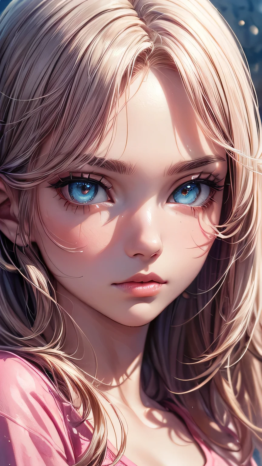 (masterpiece),(Highest quality:1.1),(Super detailed),Best illustrations,In detail,(Portraiture:1.1),(Intense close-up),(Watercolor),floating,One girl,solo,slim,(Very delicate and beautiful face),(Beautiful eyes in every detail),Pink thick lips,(Disheveled Hair),(Wearing a loose pink T-shirt),Soft and lazy,4K