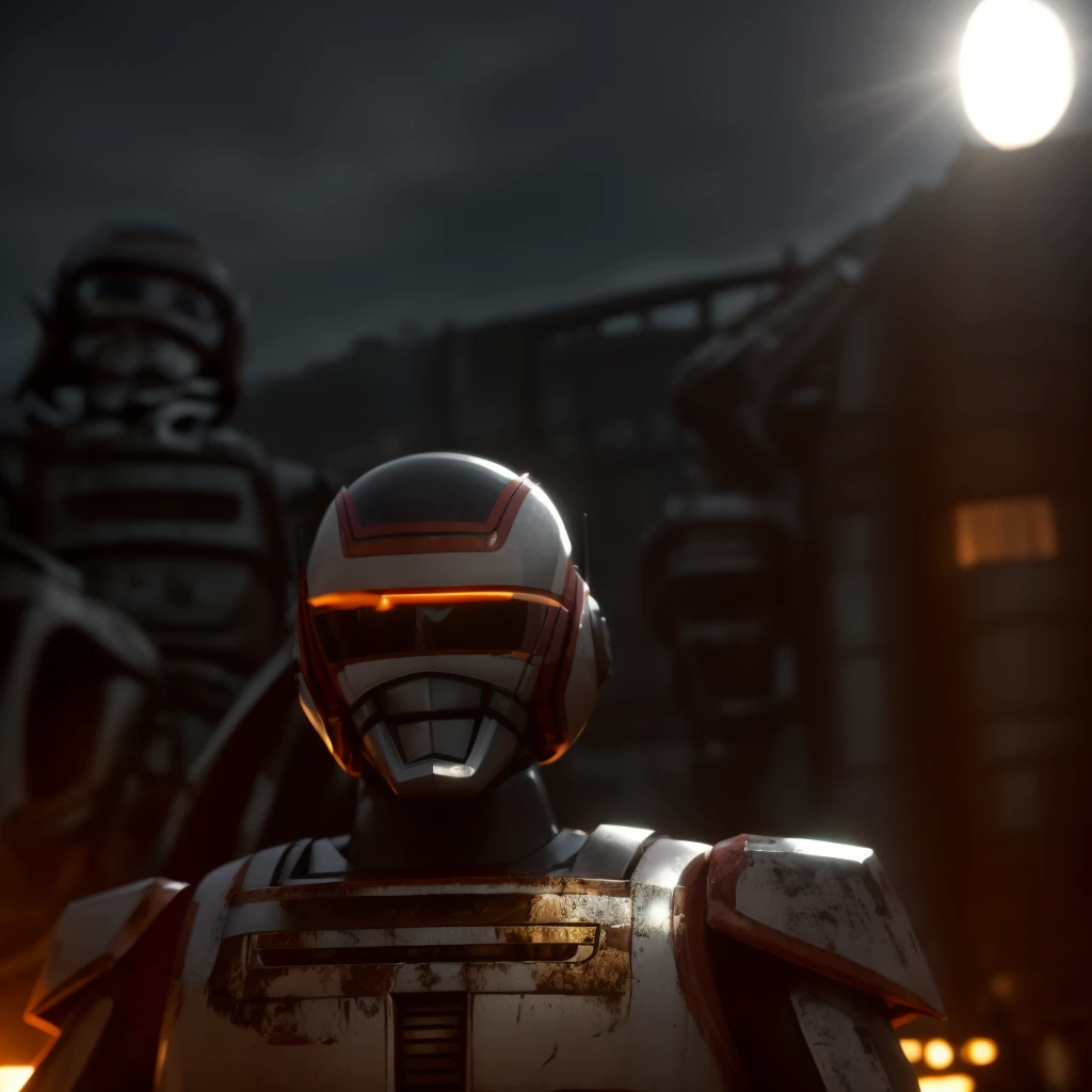 Cinematic film still Small deformation of JaspionQuiron in a rusty shipyard, haunting silence, action hero pose, shiny armor, . Shallow depth of field, vignettes, highly detailed, high budget Hollywood movies, blur, cinemascope, mood, epic, gorgeous, film grain, grainy.