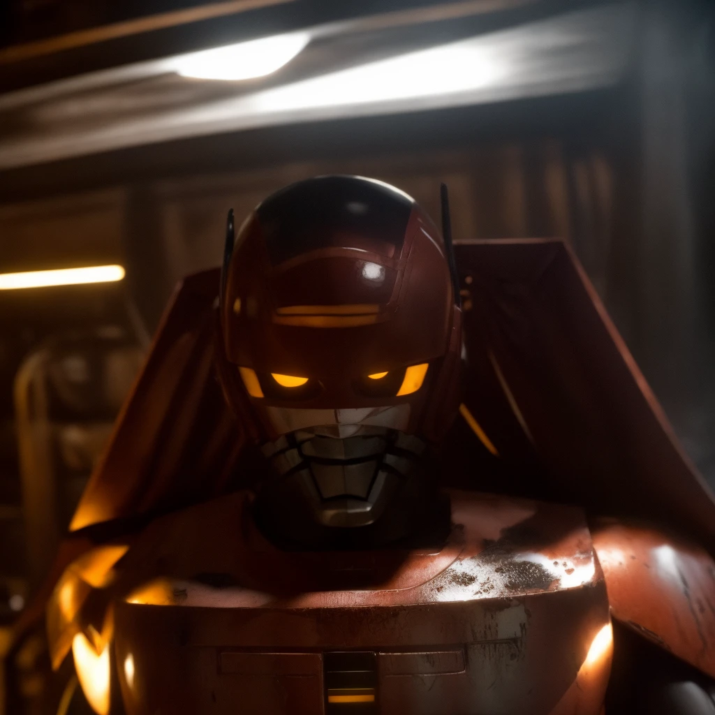 Cinematic film still Small deformation of JaspionQuiron in a rusty shipyard, haunting silence, action hero pose, shiny armor, . Shallow depth of field, vignettes, highly detailed, high budget Hollywood movies, blur, cinemascope, mood, epic, gorgeous, film grain, grainy.
