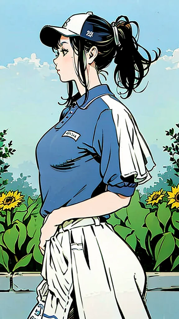 Blue baseball cap、Blue polo shirt、Cowboy Shot、Large Breasts:1.4、girl、ponytail、Black Hair、Sweaty、sunny、garden