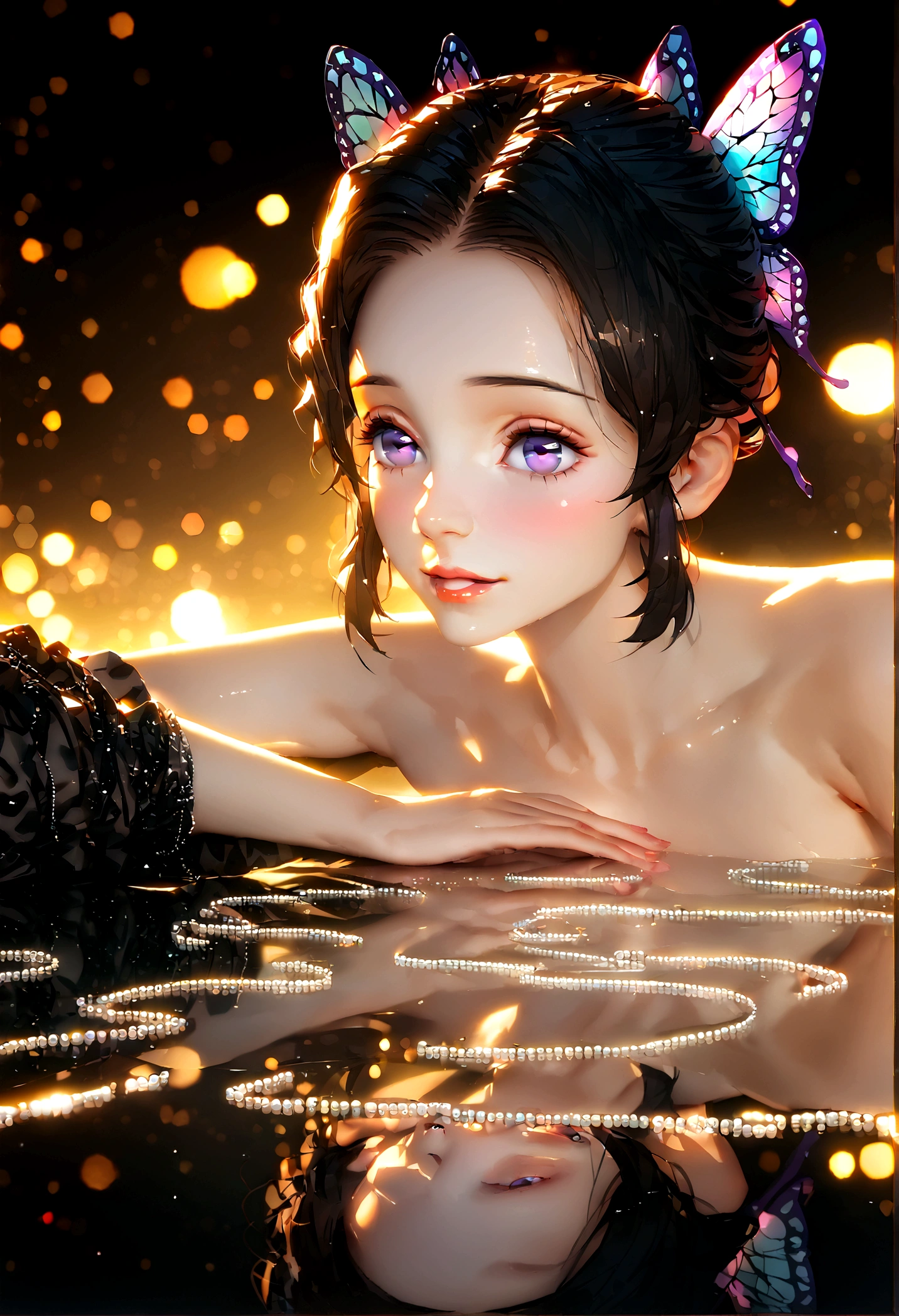 Shinobu kochou, erotic smile, blush, horny, black hair with purple tips, kimetsu no yaiba, purple eyes, butterfly hair ornament, onsen background a hot steam with hot water, she is completely nude exposing her breasts, and wet body, anime-style with line drawing based on anime, masterpiece with ultra-detailed skin, rendered in high resolution (4K, UHD, HDR, or 8K), featuring subdued yet vivid colors. The lighting should be professional, casting realistic shadows. Pay close attention to the details of the lips, eyes, and body. Additionally, include reflections and bokeh effects for a perfect composition