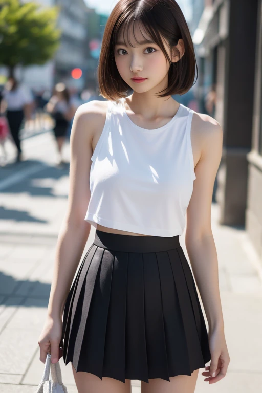 (8K, RAW Photos, Highest quality, masterpiece:1.2), High-resolution RAW color photos, Professional photos, (Realistic, photo Realistic:1.37), Cinematic Light, One Girl, stretch, white adidas jacket, Black pleated skirt, Tight pink tank top, Outdoor, University, Shining a light