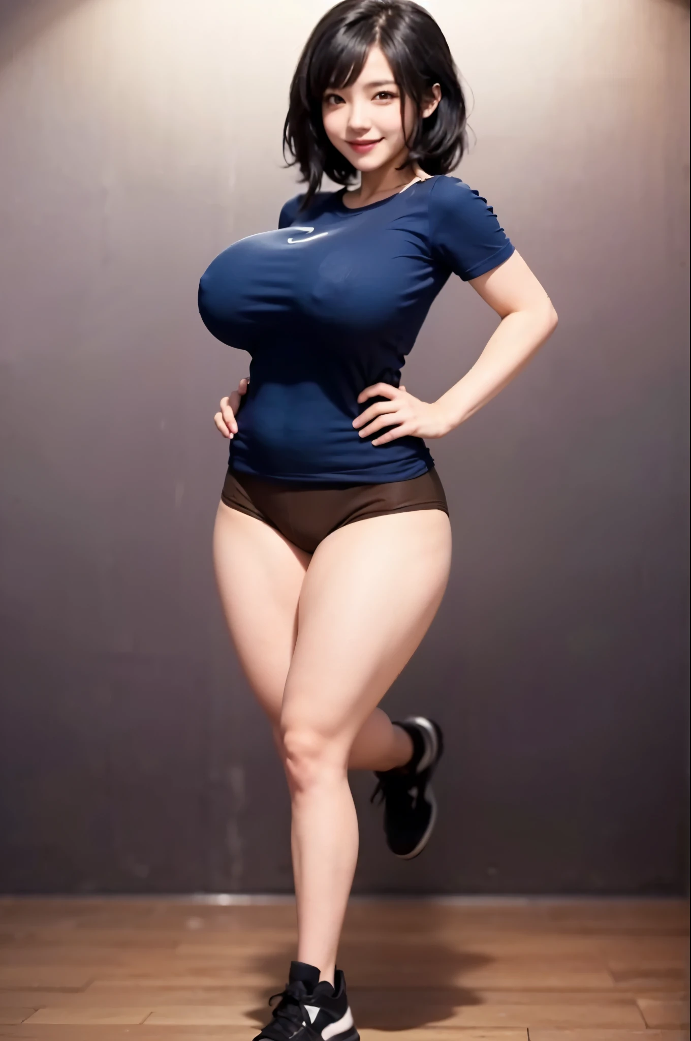 gym:1.5,((High Leg:2.0)),((whiteＴshirt:1.5)),((Blue Bloomers:1.5)) 、(Smiling Beam:1.5), (((Medium Hair:1.3,Black Hair:1.5))),(Brown eyes:2.0),8K, (1 Girl:2.0),((Huge breasts:1.5)),(Saggy huge breasts:1.5), 20-year-old,masterpiece,super high quality, Very detailed,Perfect photo,3d,8K,High resolution,Enchanting anime girl, Sporty hairstyles,Smooth anime CG art, ((Full Body Shot))， Highest quality, masterpiece, Realistic, PhotoRealistic super detail, One Girl, cute, The best smile, Beautiful Eyes, Long Hair, Perfect Face,Full Body Shot