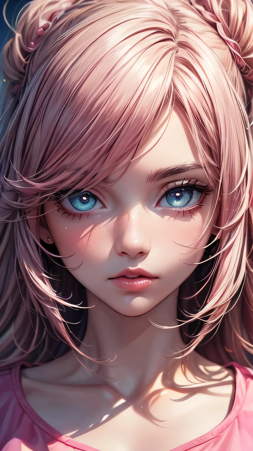 (masterpiece),(Highest quality:1.1),(Super detailed),Best illustrations,In detail,(Portraiture:1.1),(Intense close-up),(Watercolor),floating,One girl,solo,slim,(Very delicate and beautiful face),(Beautiful eyes in every detail),Pink thick lips,(Disheveled Hair),(Wearing a loose pink T-shirt),Soft and lazy,4K