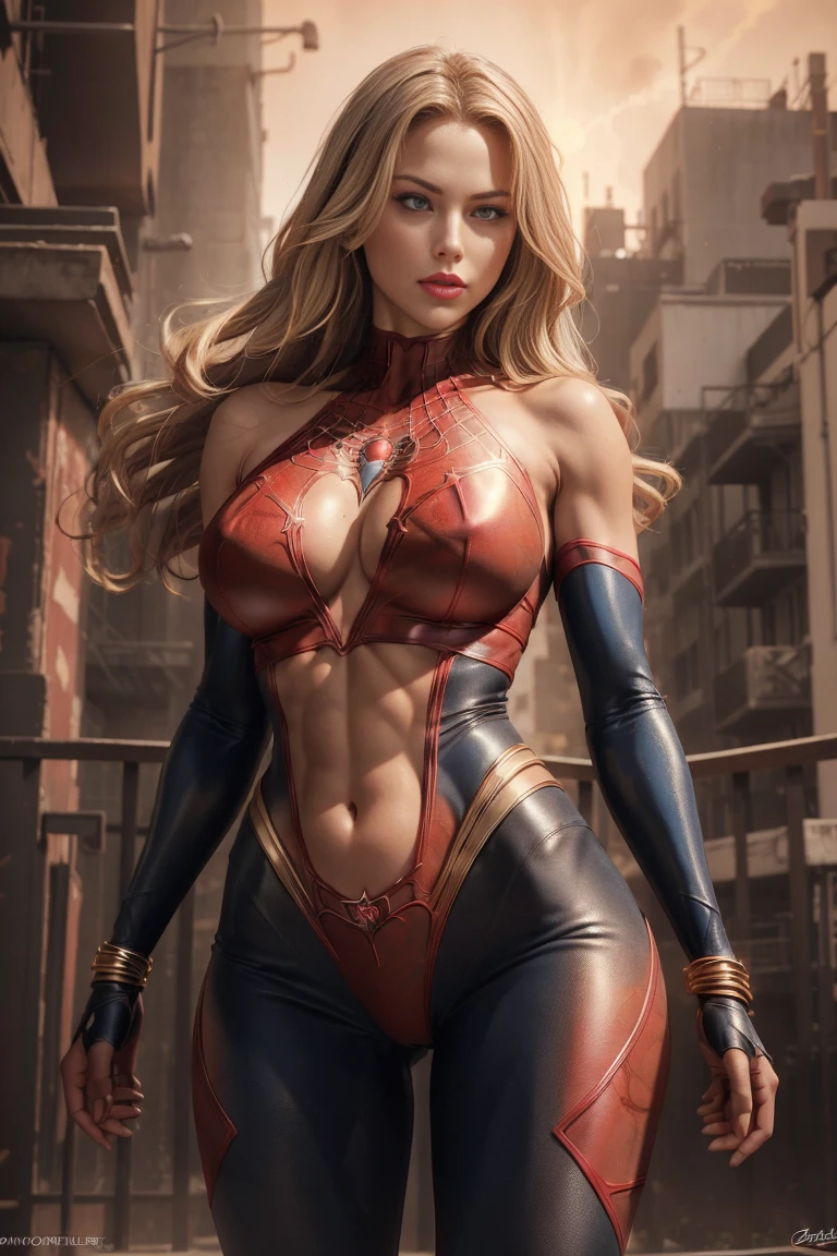 Full body shot seen from behind Sexy superheroine Spidergirl long blonde hair glowing blue eyes red lips muscular body large breast wears a red golden cobweb pattern tight leather pants, red golden cobweb pattern leather short, red and black stilettos, black tights, plunging sleeveless top gold shoulder pads gold bracelets revealing abs midriff a Z symbol on her chest portrait photography by artgerm, in the style of realism, glistening skin, cartooncore, mangacore, natural lighting, Defined full lips. Muscular fitness feminine body spider web in the background