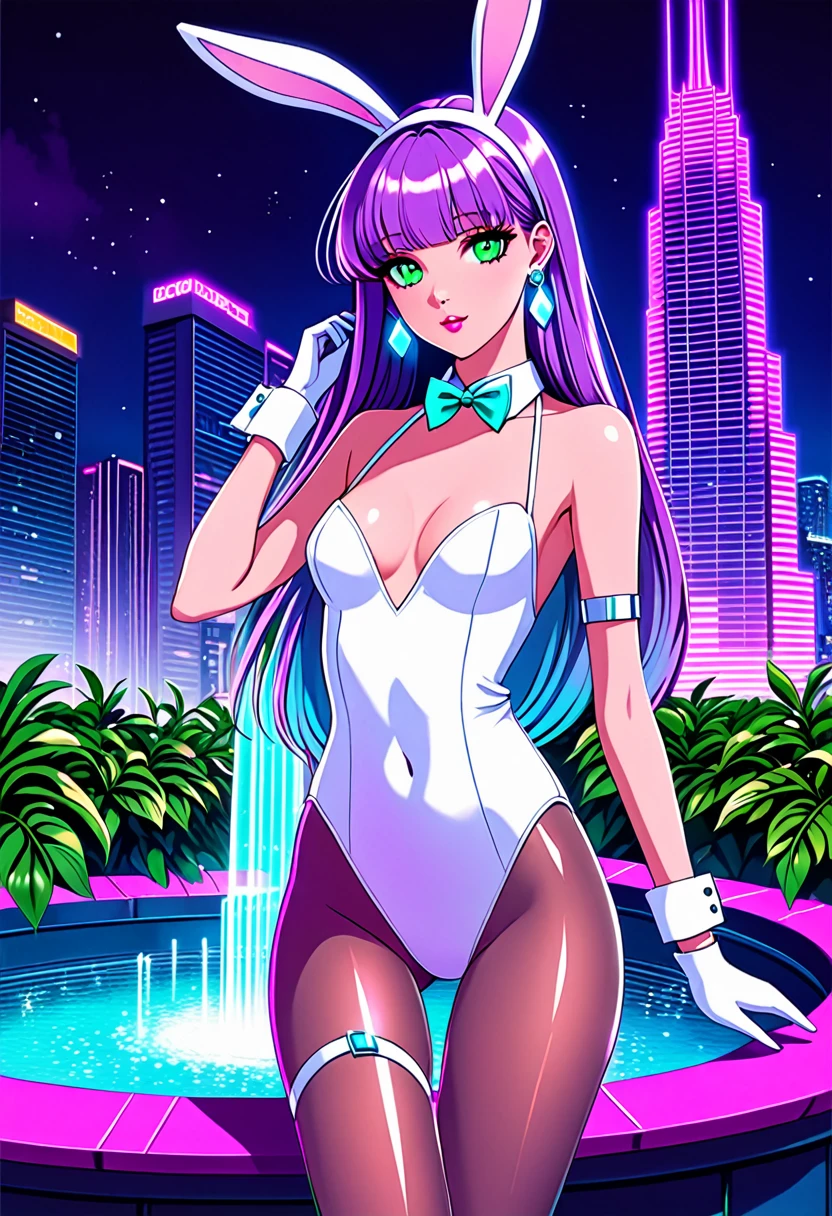 Art styles: very aesthetic; character: morrigan aensland; appearance: long purple hair, long hime style hair, masterpiece purple eyes, detailed large eyes pupils, Slender hips, slim stomach, thin waist, medium teardrop-shaped breasts, slim body, soft gradient two-tone hair; clothing: beach bikini; Accessories: sparkly diamond small earrings, makeup; bg: large illuminated fountain, skyscraper roof, panoramic view, deep night city, hawaii, decorations neon lights, translucid lights, green ornamental plant, side lighting;