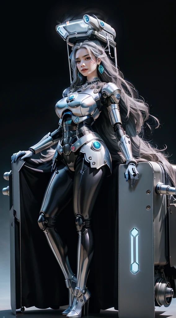 elegant hair,One girl,alone,Mechanical Headwear,Looking up at the lens,Gray Hair,Long Hair,whole body,Mechanical Arm,(shine:1.2),Earrings,View your viewers,Mechanical Necklace,Positive symmetrical composition,blue eyes,Robot Background,diamond,Background of the giant light engine,Mechanical legs,.Big eyes、Well-proportioned face