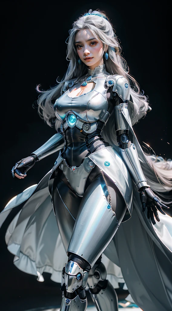 elegant hair,One girl,alone,Mechanical Headwear,Looking up at the lens,Gray Hair,Long Hair,whole body,Mechanical Arm,(shine:1.2),Earrings,View your viewers,Mechanical Necklace,Positive symmetrical composition,blue eyes,Robot Background,diamond,Background of the giant light engine,Mechanical legs,.Big eyes、Well-proportioned face
