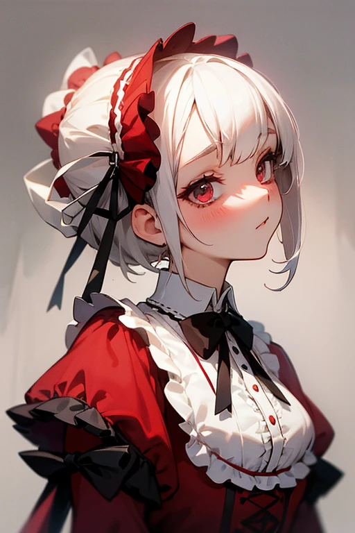Short white hair, blush, Gothic Lolita、Punk Fashion、Headbang 2.、Red clothes、Elegant Lolita、Victorian Maiden、((White-based clothing))