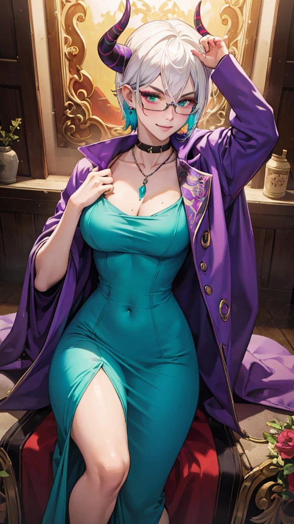 8k, masterpiece, best quality, highly detailed, 1 girl, tiefling, warlock, multicolored hair, very short straight hair green highlight hair on white hair, strippled hair, wearing glasses, round glasses, earrings, red eyeshadow, long eyelashes,navel piercing, blushed cheek, necklace, collarbone, mole, glamorous, purple and teal clothing, villainy, smirk, seductive face, fullbody view, rings, looking at viewer, swimming, demon horns, solo, antique dress, ballroom, palace, blue pale moon.
