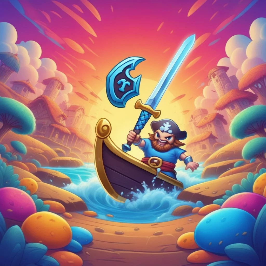 cross pirate sword , mobile game art, banner, detailed game art, stylized game art, game illustration, splash screen art, full card design, wallpaper!, extended art, adtime style art, saturated colorful, game item, blank background