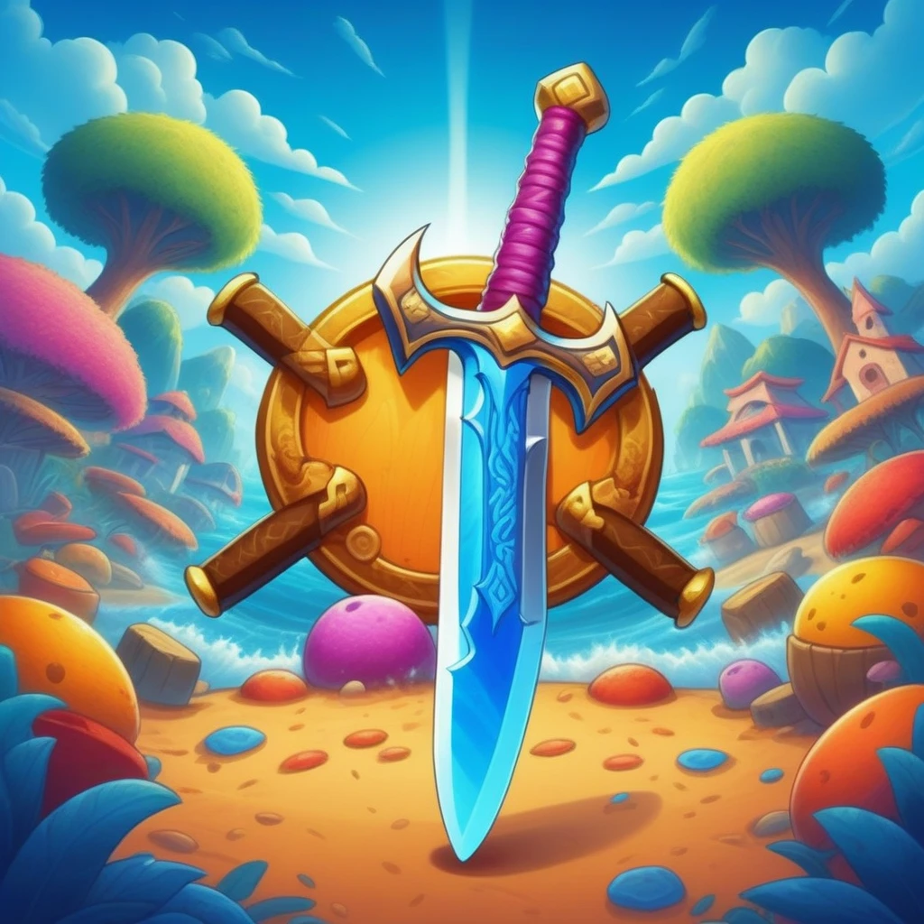 cross pirate sword , mobile game art, banner, detailed game art, stylized game art, game illustration, splash screen art, full card design, wallpaper!, extended art, adtime style art, saturated colorful, game item, blank background