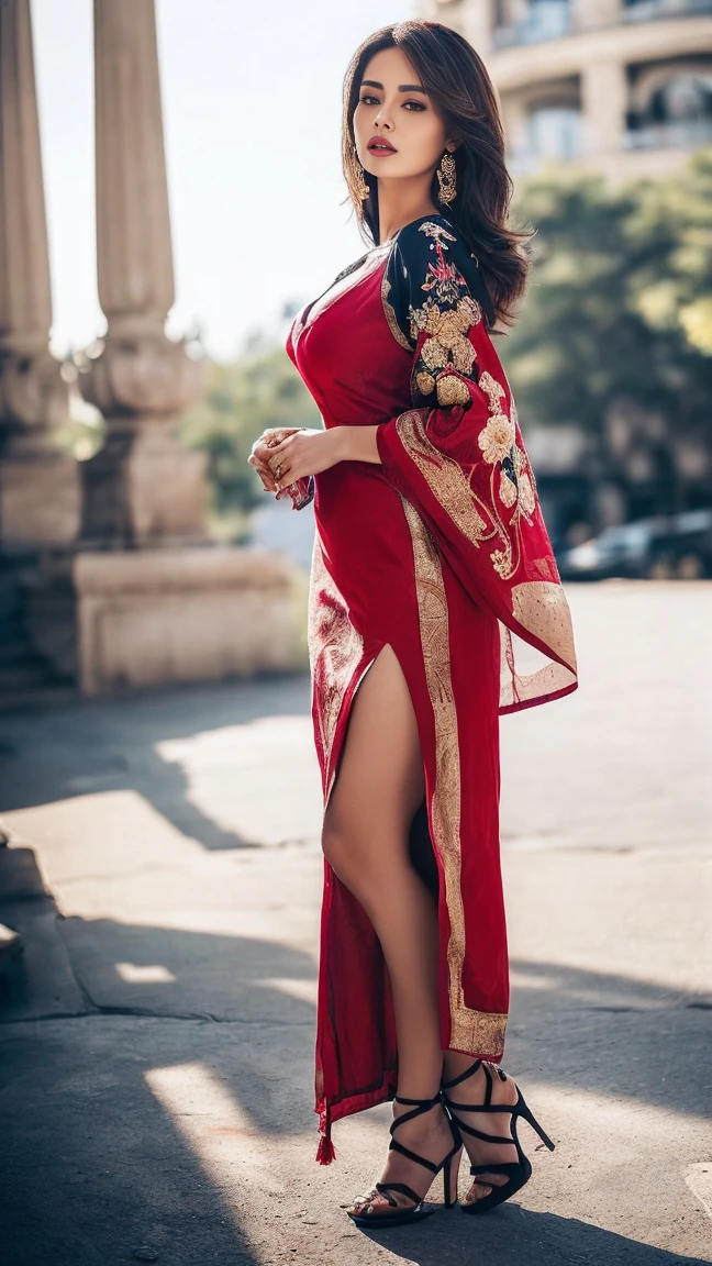 ((girl outdoor, luxurious outdoor city, luxurious place,),
(((Full body shot))), (elegant standing position), (looking at viewers, front view shots), (masterpiece, hyper realistic, hyper detailed, photoshop, photorealists), 20 years old lady, 16k, FHD, UHD, high quality pictures, extremely detailed, candid brightness, candid shots, (iconic picture shot, perfect brightness, perfect contrast, perfect colour), (pretty face, iconic face), (detailed face, detailed eye, detailed lips, detailed neck, ultra realistic face, ultra realistic eye, ultra realistic lips), (attractive hair style, beautiful hair style), (sagging perky breasts, perfect rounded breasts, attractive breasts), (attractive body figure, perfect body figure, perfect figure, curvy_figure, hourglass_figure), (embroidery High heels, fancy high heels), (Indian goddess, goddess),
((Fancy embroidery maxi, ruffled maxi, red maxi, fancy maxi, ruffled maxi, flared maxi, dense flared ruffled maxi, fancy sleeves, iconic maxi, luxurious maxi, masterpiece maxi)). , ,