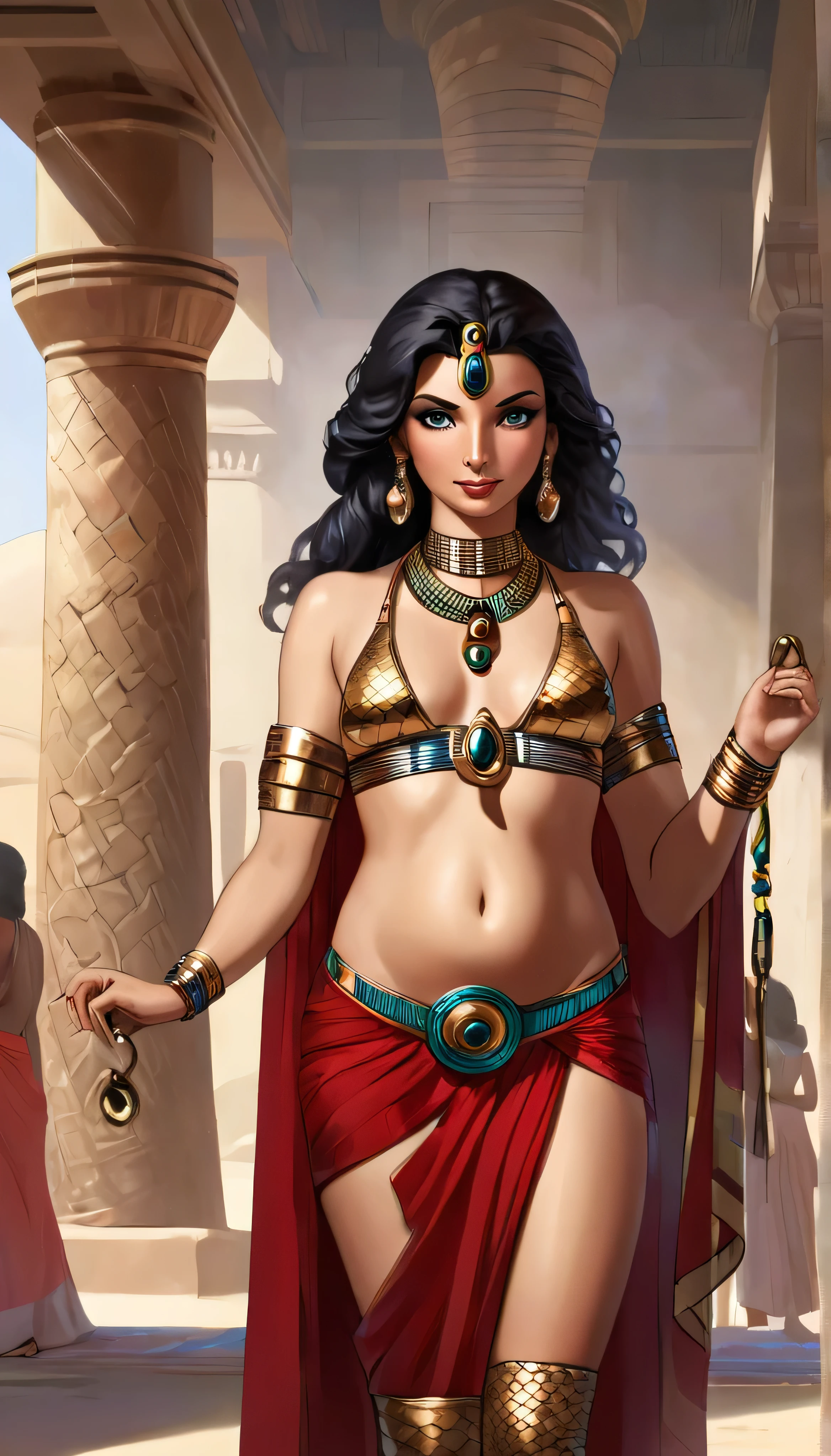 Femme de 30 ans, égyptienne, corps généreux , a l'Égypte antique, avec une très forte poitrine, a la peau de serpent, dans un temple égyptien, porte une robe rouge et maron couleur sable, moule le corps, vêtements transparent, femme avec de long cheveux raide noirs orné de nombreux bijoux, la femme est très enceinte de serpent, sa poitrine est gonflé de lait, la femme a des crochets de serpent visible lorsqu'elle sourit, la femme a des yeux doré a pupilles reptilienne, la femme et une femme serpent