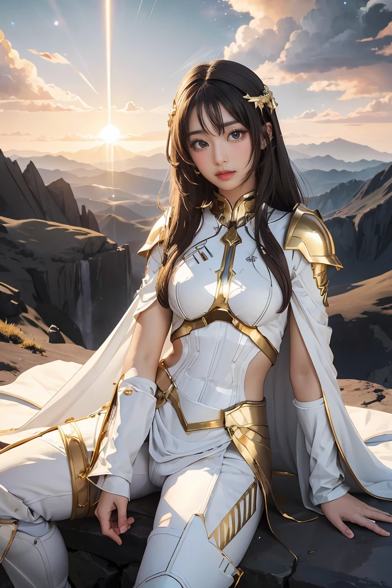 ((masterpiece, best quality, extremely detailed), volumetric lighting, ambient occlusion, colorful, glowing), 1girl, solo, young girl, (dark hair), long hair, halo, aura, sacred, goddess, cleric suit, (white outfit with gold detailst:1.3), armor, outdoors, sunset, sky, clouds, space, (fantasy theme:1.2), full armor