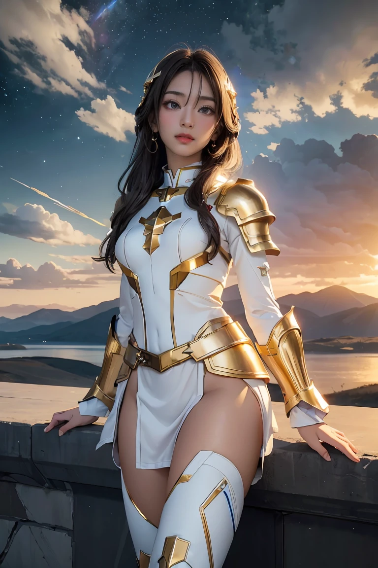 ((masterpiece, best quality, extremely detailed), volumetric lighting, ambient occlusion, colorful, glowing), 1girl, solo, young girl, (dark hair), long hair, halo, aura, sacred, goddess, cleric suit, (white outfit with gold detailst:1.3), armor, outdoors, sunset, sky, clouds, space, (fantasy theme:1.2), full armor