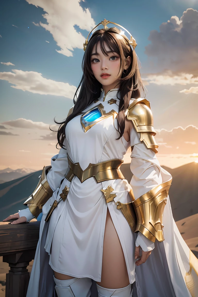 ((masterpiece, best quality, extremely detailed), volumetric lighting, ambient occlusion, colorful, glowing), 1girl, solo, young girl, (dark hair), long hair, halo, aura, sacred, goddess, cleric suit, (white outfit with gold detailst:1.3), armor, outdoors, sunset, sky, clouds, space, (fantasy theme:1.2), full armor