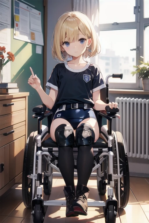 Highest quality、Complete limbs、Full Finger、Slender beauty、In a wheelchair、Belted boots、Black knee pads、Straight Hair、short hair、Blonde Short、School Swimsuit、Small eyes、clinic