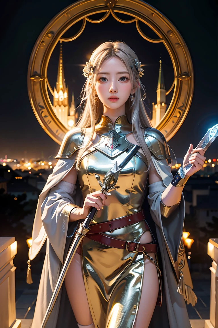 (masterpiece, best quality), A paladin holding a light-infused sword, light magic, divine, mage aura, silver and gold, 4k, dark cityscape, Fujifilm