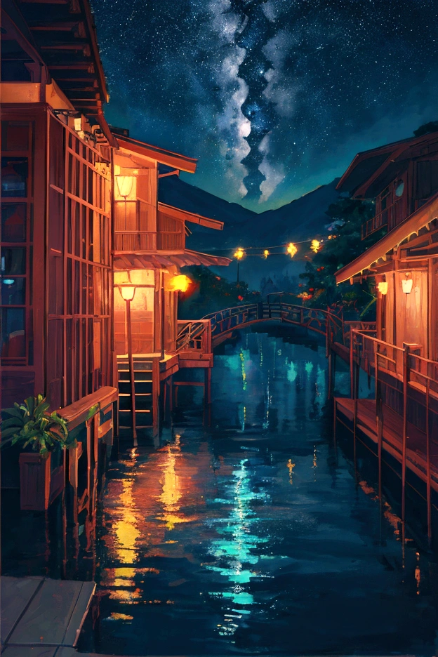 painting of a neon moonlight,Starry Sky、Dock area, Bougainville décor , 4K High Definition, moonlight, Xia Yun,Ocean, moonlight reflection,Beautiful Art UHD 4K, Beautiful artwork illustration, Beautiful digital painting, Highly detailed digital painting, Beautiful digital art, Detailed painting 4k, Highly detailed digital painting, Rich, picturesque colors, Gorgeous digital painting