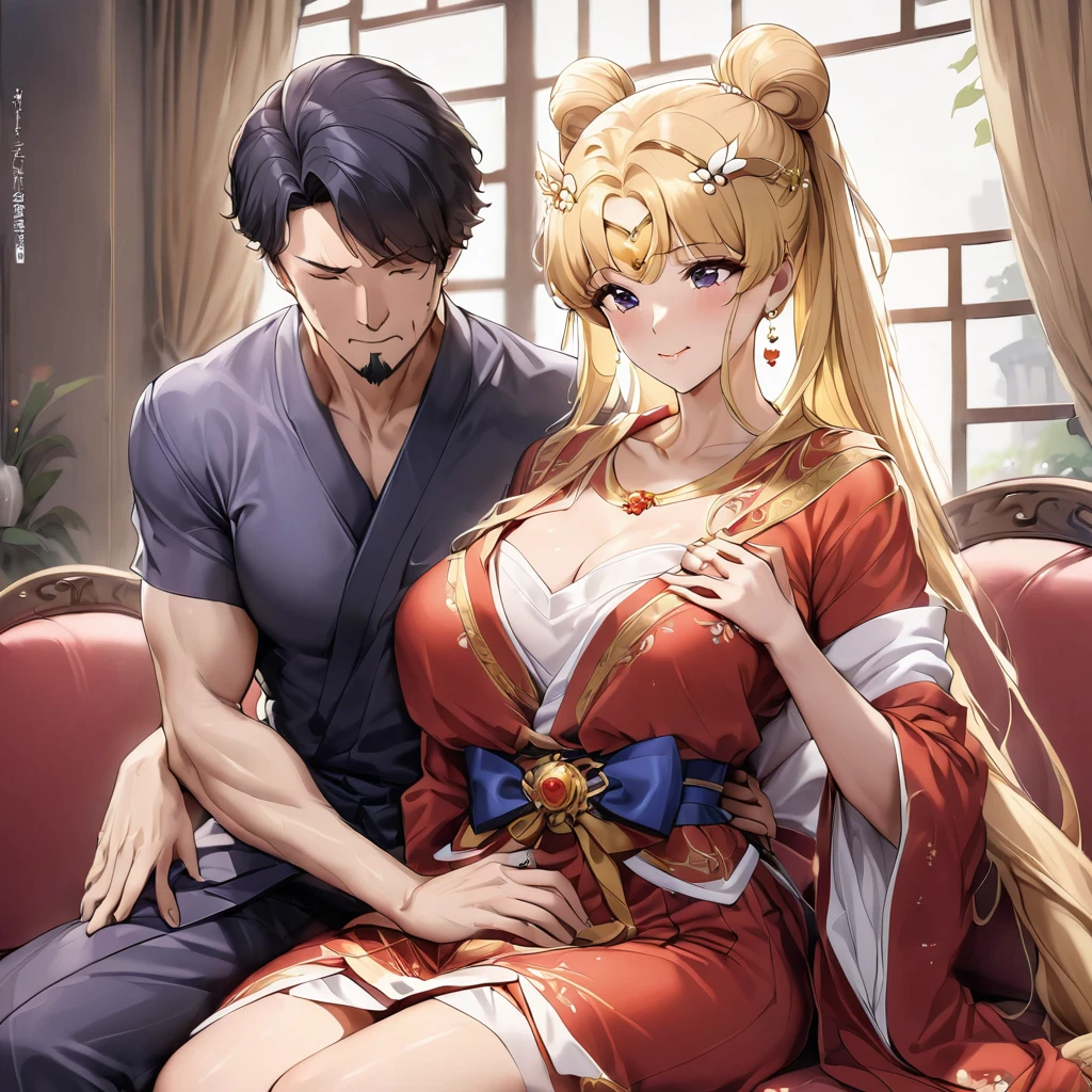 ((Highest quality)), ((masterpiece)), (detailed), （Perfect Face）、The woman is a Chinese girl named Tsukino Usagi, dressed in a gorgeous, glittering red Hanfu outfit with lots of gold embroidery, a gorgeous hair ornament, gorgeous jeweled accessories and an engagement ring. The woman and the man are sitting on a gorgeous, large sofa in a gorgeous room, and the woman is being embraced by a dignified, middle-aged Chinese man dressed in Hanfu, who is touching her breasts and crotch and kissing her.、The woman is the elegant Tsukino Usagi, a Chinese woman with long blonde hair in a chignon twin tail and wearing a red Hanfu with gorgeous gold embroidery all over it.、the woman is pregnant