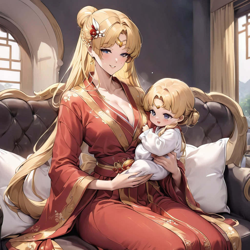 ((Highest quality)), ((masterpiece)), (detailed), (Perfect Face)、The woman is a Chinese girl named Tsukino Usagi, dressed in a gorgeous, glittering red Hanfu outfit with lots of gold embroidery, a gorgeous hair ornament, gorgeous jeweled accessories and an engagement ring. The two are sitting on a gorgeous, large sofa in a gorgeous room, and the woman is being held in the arms of a dignified, middle-aged Chinese man dressed in Hanfu.、The woman is the elegant Tsukino Usagi, a Chinese woman with long blonde hair in a chignon twin tail and wearing a red Hanfu with gorgeous gold embroidery all over it.、The man is a dignified, muscular, bearded, middle-aged Chinese man wearing the traditional Chinese dress, Hanfu.、The woman is holding her baby daughter