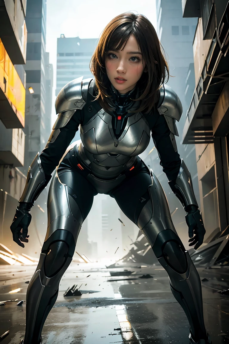 full body shot photo of sexy female cyborg wearing scratched and tarnished futuristic armor in a destroyed futuristic city, fantasy, sci-fi, beautiful feminine face, seductive, sexual, mist, vivid alluring eyes, dramatic, best quality masterpiece, photorealistic, detailed, 8k, HDR, shallow depth of field, cinematic lighting, bloom, light sparkles, chromatic aberration, sharp focus