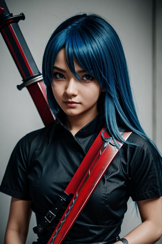 anime blue hair, black clothing, red sword handled