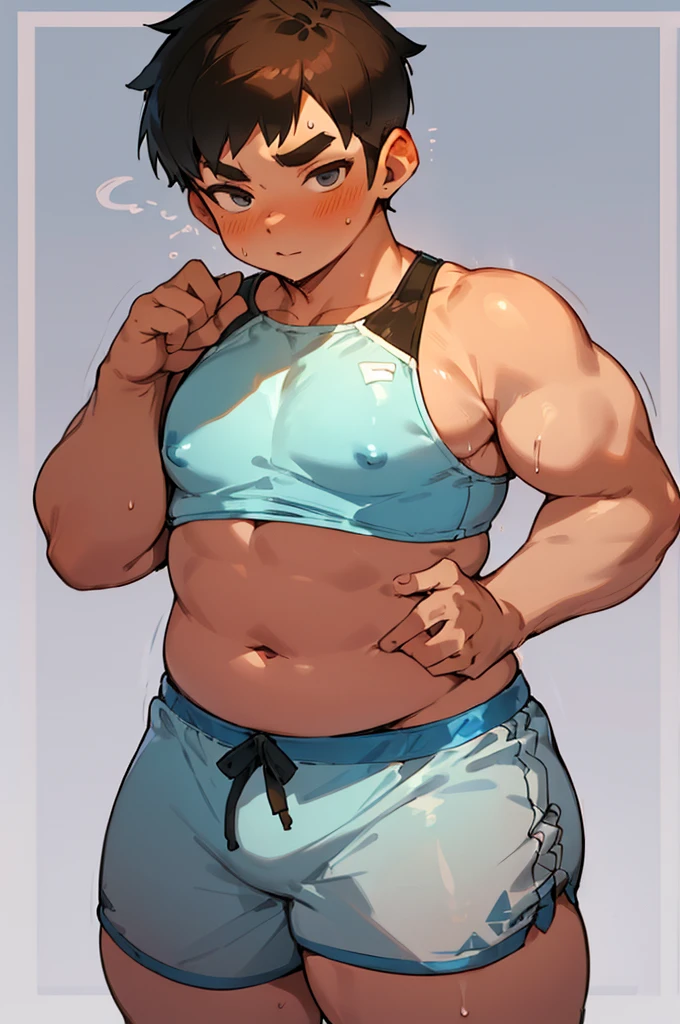 (androgynous), (boyish), chubby, (very short hair), (pudgy face), (thick), overweight, beefy, (cute), (little brat), (naughty brat), (belly button), Chubby body, Sweaty body, (Smelly body), (moobs), (ikemen), (Obese man like female breasts), (swimsuits), (sexly), (nipples),
