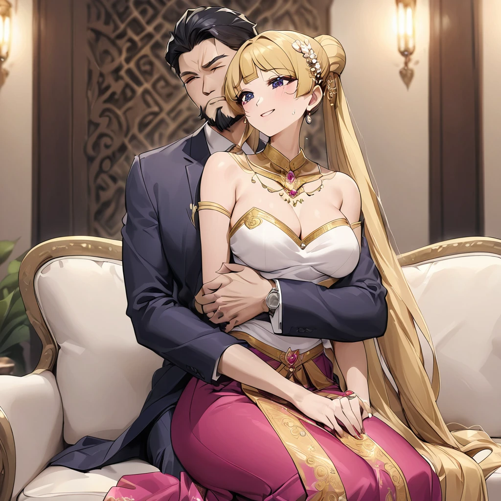 ((Highest quality)), ((masterpiece)), (detailed), (Perfect Face)、The woman is a Thai woman named Tsukino Usagi, and is in a luxurious Thai mansion, wearing a gorgeous, glittering, traditional Thai dress with gold embroidery, gorgeous jeweled accessories and an engagement ring. The woman and the man are sitting on a luxurious, large sofa in the luxurious room, and the woman is being held in the arms of a dignified, middle-aged Thai man wearing a dignified, sturdy Thai traditional dress.、The woman is the elegant Tsukino Usagi, with long blonde hair in a chignon twin tail, and the woman is a Thai girl wearing a gorgeous Thai dress.、The man is a dignified, sturdy, bearded, middle-aged Thai man wearing Thai national costume.、The woman is holding her baby daughter