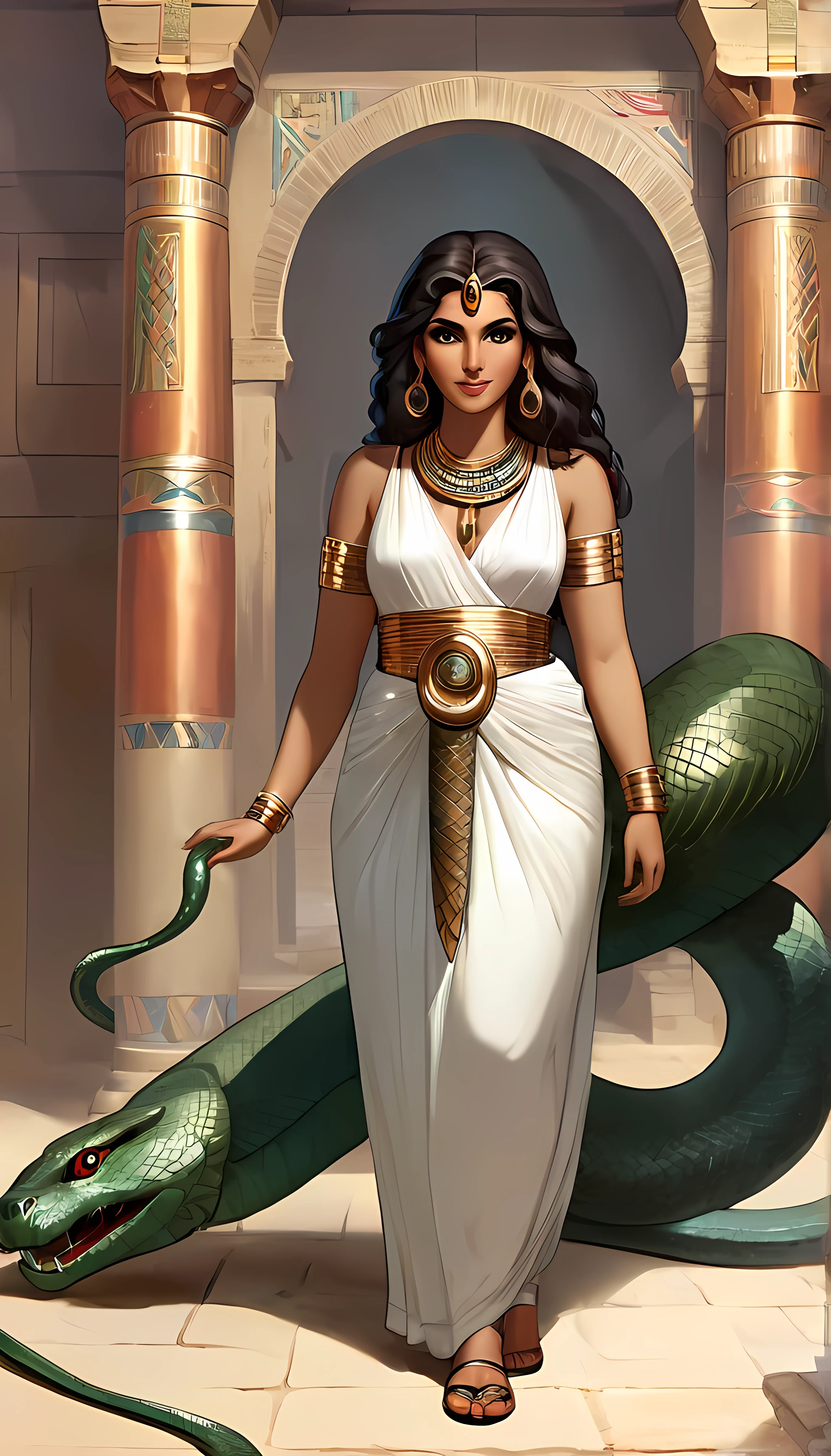 Femme de 30 ans, égyptienne, corps généreux , a l'Égypte antique, avec une très forte poitrine, a la peau de serpent, dans un temple égyptien, porte une robe rouge et maron couleur sable, moule le corps, vêtements transparent, femme avec de long cheveux raide noirs orné de nombreux bijoux, la femme est très enceinte de serpent, sa poitrine est gonflé de lait, la femme a des crochets de serpent visible lorsqu'elle sourit, la femme a des yeux doré a pupilles reptilienne, la femme et une femme serpent