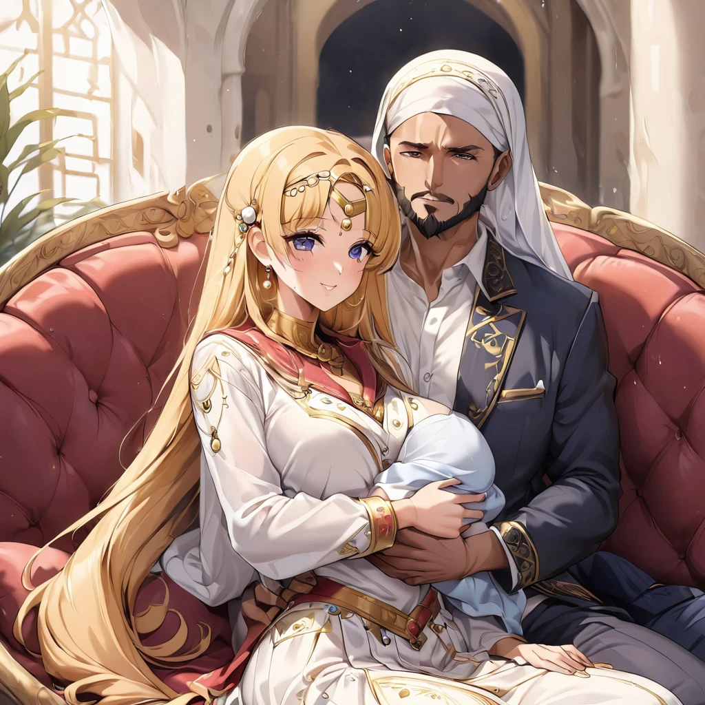 ((Highest quality)), ((masterpiece)), (detailed), （Perfect Face）、The woman is Tsukino Usagi, an Arab Muslim with vivid brown skin, and is wearing a gorgeous, glittering Arab national costume with gold embroidery, a gorgeous hijab, a gorgeous hair ornament, gorgeous jeweled accessories, and an engagement ring in a luxurious Islamic mansion. The woman and the man are sitting on a luxurious, large sofa in the luxurious room, and the woman is being embraced by a dignified, bearded, middle-aged Arab Muslim man wearing Arab national costume, who is touching her breasts and crotch and kissing her.、The woman is the elegant Tsukino Usagi, with long blonde hair in a chignon twin tail, wearing Arab national dress and a gorgeous hijab. She is a Muslim Arab with vivid brown skin.、（The woman is a brown-skinned Arab named Tsukino Usagi.）、the woman is pregnant