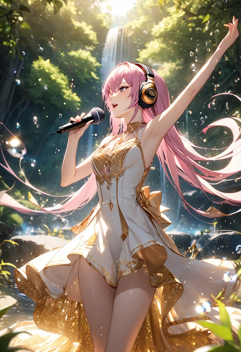 best quality, super fine, 16k, incredibly absurdres, extremely detailed, 2.5D, delicate and dynamic depiction, Megurine Luka, Vocaloid character, cool and stylish headphones, holding Elvis-Mic, attractive and seductive expression, glamorous slender body, singing a grand and majestic ballad against the backdrop of nature, very beautiful effects, (water droplets, gold dust, image processing that makes it look like a stop-motion scene), (motion blur, action blur:0.5)