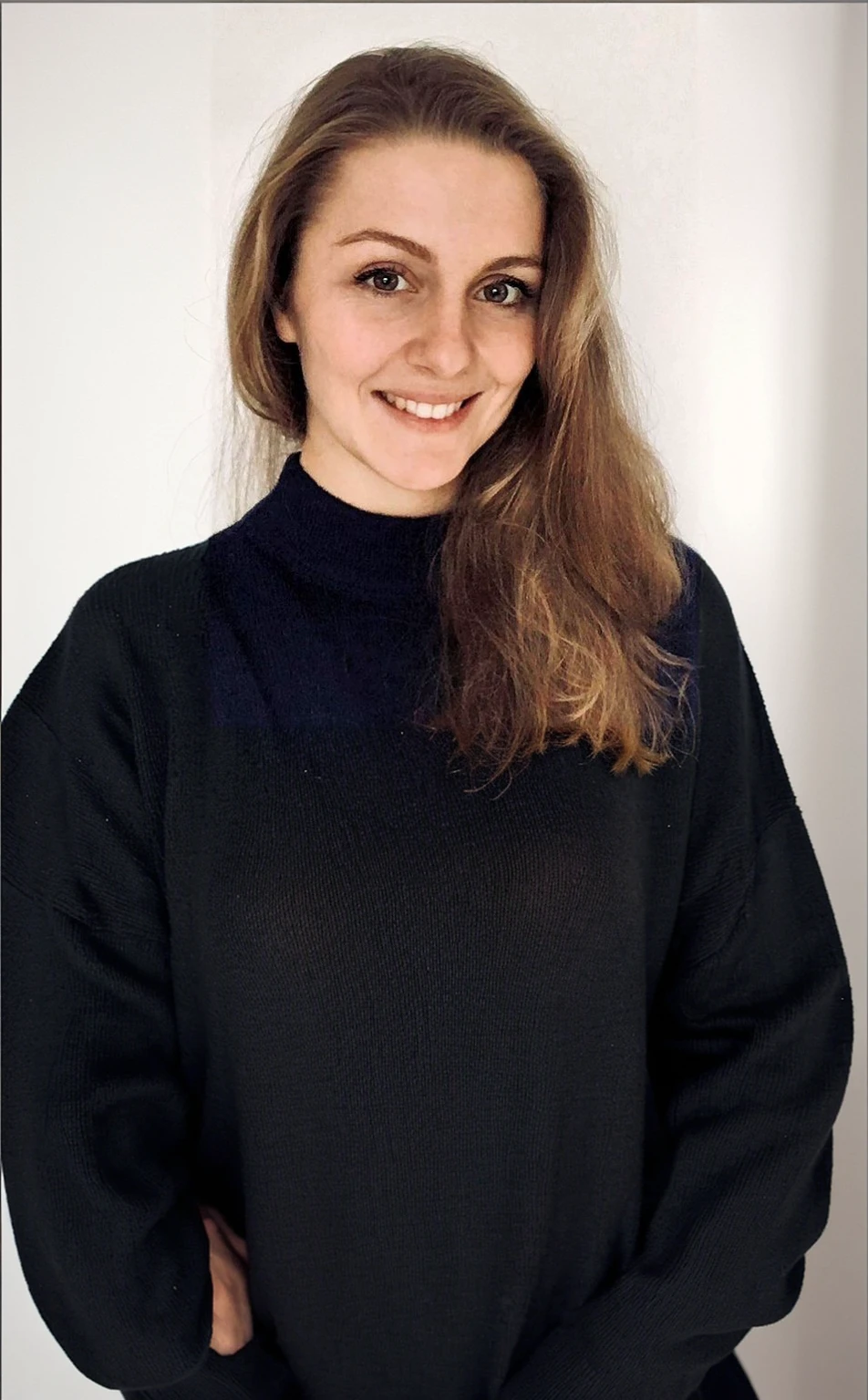 Black sweater tugged in, very very flat small breasts underneath, high quality, good anatomy