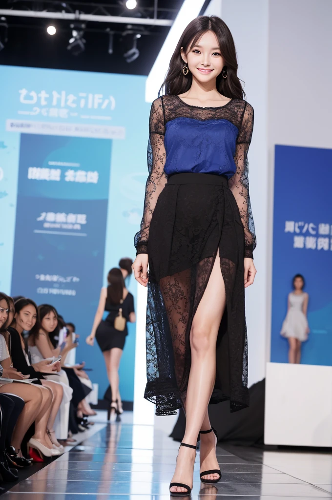 SeaArt Bot Txt2Img Default 2024/07/01 20:45:42 Amazingly Large Eyes、Smiling face、H cup bust、50cm waist、Slender and fair-skinned、Japan woman with long hair、20-year-old、Slim figure、Wearing a vivid pleated skirt and a sheer lace blouse、Wearing high heels。On the runway at a fashion show、Her whole body was shown, from her high heels to her head, as she walked towards the viewer.、Bright, photo-quality images。
