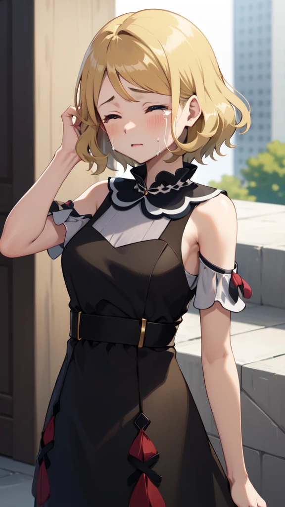 expressionless, master piece, best quality, ultra detailed, handsome, 1 woman, short hair, blonde hair, cute eyes, blue eyes, Black tights, piercing in one ear