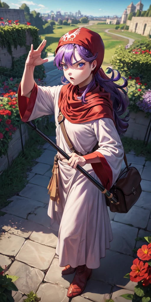 masterpiece, best quality, 4k, 8k, dqPom, red hood, purple hair, robe, cowboy body shot, holding staff, sky, garden, looking at viewer, from above, angry