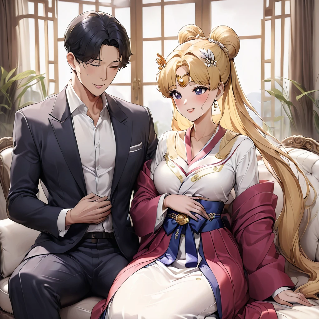 ((Highest quality)), ((masterpiece)), (detailed), (Perfect Face)、The woman is Korean Tsukino Usagi, and is wearing a gorgeous and dazzling traditional Korean dress called a hanbok (traditional Korean dress), a gorgeous hair ornament, gorgeous jeweled accessories, and an engagement ring in a luxurious Korean mansion. The man and woman are sitting on a large, luxurious sofa in the luxurious room, and the woman is being held in the arms of a dignified and sturdy middle-aged Korean man wearing hanbok.、The woman is the elegant Tsukino Usagi, a Korean woman with long blonde hair in a chignon twin tail, wearing the traditional Korean dress, Chima Chogori.、The man is a dignified, sturdy middle-aged Korean man wearing the traditional Korean dress, Hanbok.、The woman is holding her baby daughter