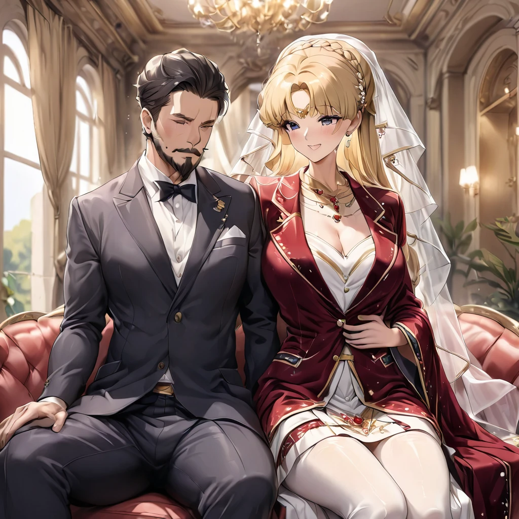 ((Highest quality)), ((masterpiece)), (detailed), (Perfect Face)、The woman is an Italian named Tsukino Usagi, and is wearing the gorgeous and glittering Italian traditional Sardinian costume in a luxurious Italian mansion, a lavishly decorated velvet jacket, a long veil, gorgeous jeweled accessories and an engagement ring. The woman and the man are sitting on a luxurious, large sofa in the luxurious room, and the woman is being held in the arms of a dignified, bearded middle-aged man wearing an Italian traditional costume.、The woman is the elegant Tsukino Usagi, with long blonde hair in a chignon twin tail, wearing a velvet jacket decorated with the Italian national costume of Sardinia, and a long veil.、The man is a dignified, muscular, bearded Italian man dressed in Italian national dress.、The woman is holding her baby daughter
