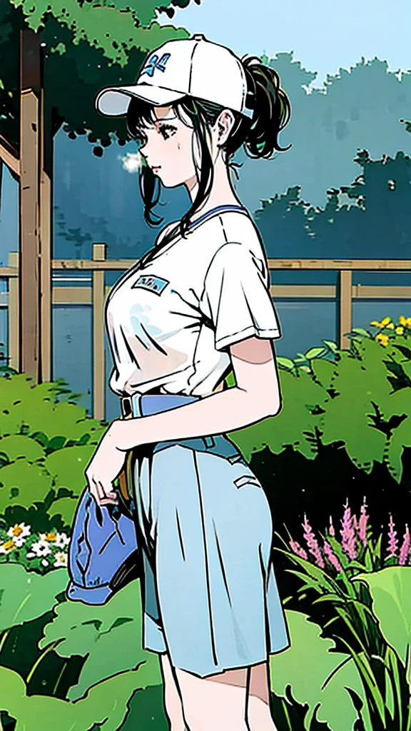 Blue baseball cap、White shirt、Drenched in sweat、Cowboy Shot、Large Breasts:1.4、girl、ponytail、Black Hair、Sweaty、sunny、garden